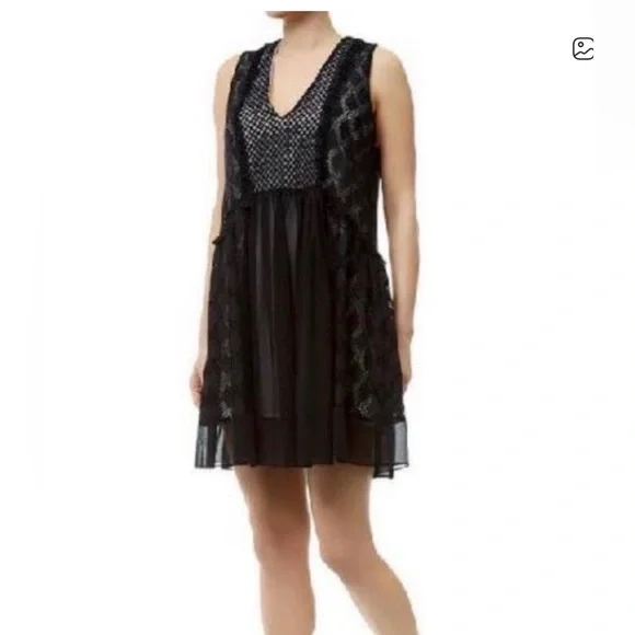 Sandro Paris Black Lace & Chiffon Sleeveless V-Neck Dress Size 2 - Picture 1 of 8